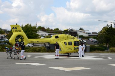 Samu des Pays de la Loire helicopter on the heliport of the Bretagne Atlantique hospital center in Vannes