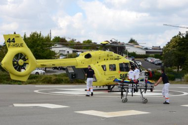 Samu des Pays de la Loire helicopter on the heliport of the Bretagne Atlantique hospital center in Vannes