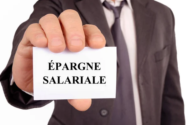 Man Holding Card Payroll Savings Written French — ストック写真