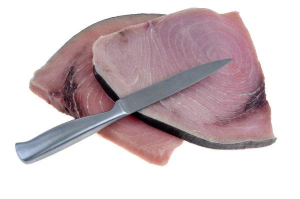 Slices Raw Swordfish Knife Close White Background — 스톡 사진