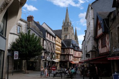 Downtown Vannes in Brittany with its half-timbered houses and Saint-Pierre cathedral 