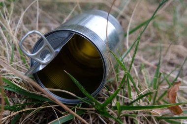 Open and empty tin can in the grass close-up