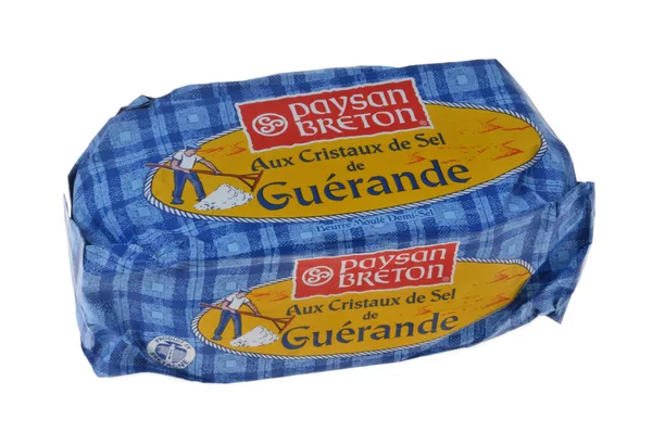 Paysan Breton Brand Butter Guerande Salt Crystals Its Packaging Close — Stock Photo, Image