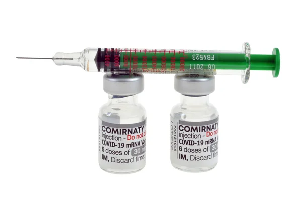 Vials Von Comirnaty Impfstoff Gegen Covid Mit Einer Spritze Nahaufnahme — Stockfoto