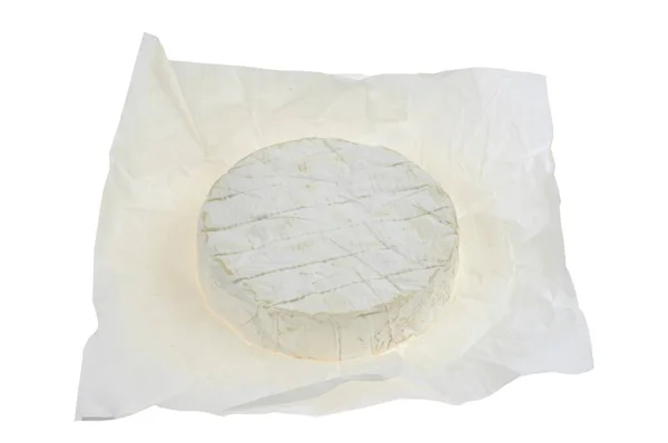 Açık Ambalajında Beyaz Arka Planda Camembert Peyniri — Stok fotoğraf