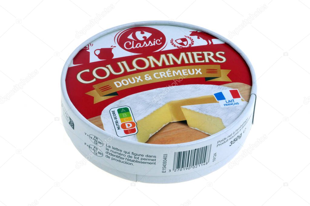 Box of Coulommiers cheese from the Carrefour Classic brand close up on a white background