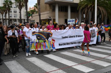 Protestocular, Toulon 'un Onur Yürüyüşü sırasında Fransızca sevme özgürlüğü pankartı taşıyorlar.
