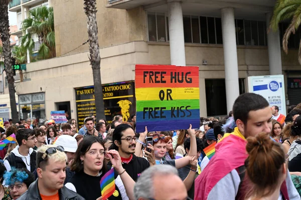 Protester Toulon Pride March Holding Sign Which Written Free Hug — Stock Photo, Image