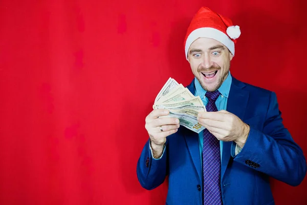 Happy Businessman Santa Hat Money Red Background Male Entrepreneur Christmas — Stock Photo, Image