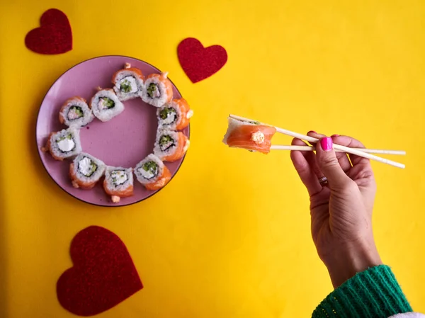 Sushi Set Shape Heart Yellow Background Valentine Day March 8Th — Zdjęcie stockowe