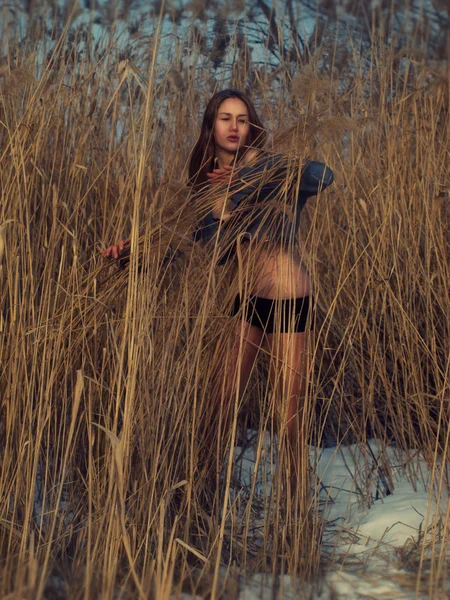 美しい少女、葦に立っています。 — ストック写真