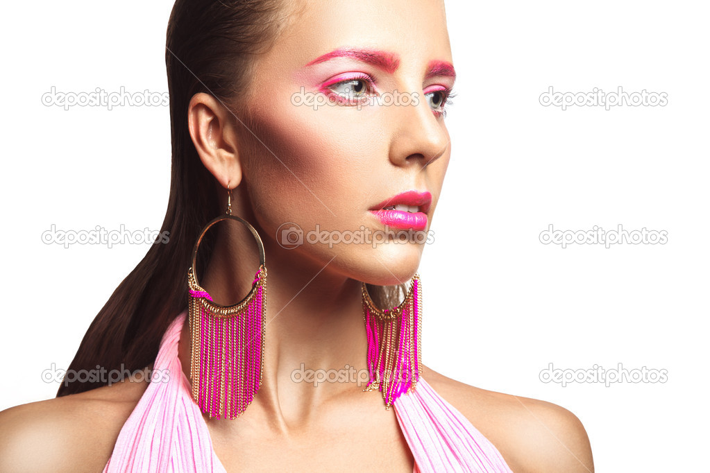 Portrait of pretty girl woth pink make up on white background