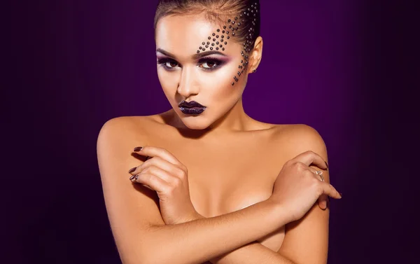 Horizontal photo of sexy adult female on purple background — Stock Photo, Image