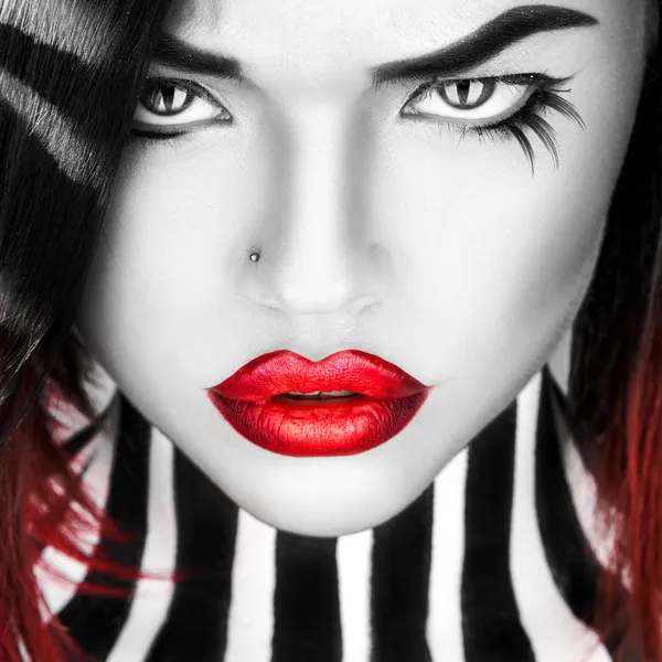 Black and white portrait of beauty woman with red lips — Stock Photo, Image