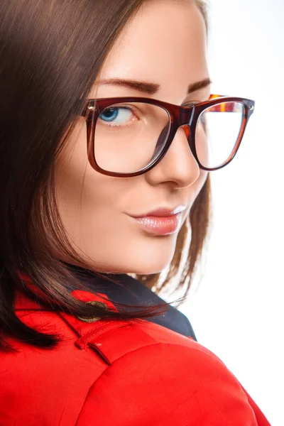 Mujer de negocios en chaqueta roja y gafas —  Fotos de Stock
