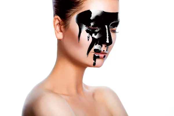 Horizontal photo of beauty woman with black paint on face — Stock Photo, Image