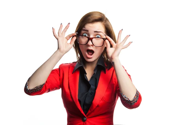 Imagen horizontal de la mujer de negocios sorprendida en el fondo blanco —  Fotos de Stock