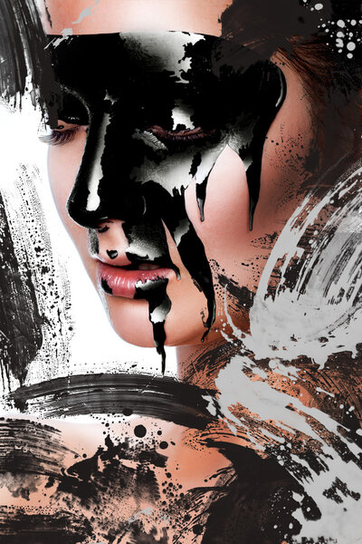 Vertical creative photo of sexy woman with paint on face