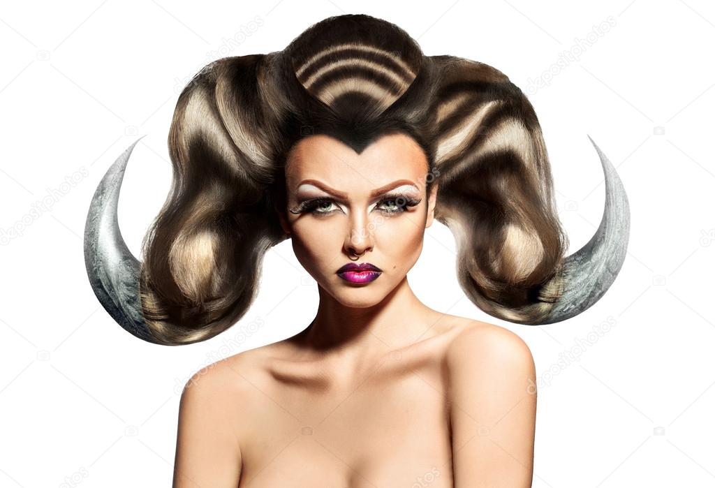 Beauty sexy woman with horns on hair and ring in nose