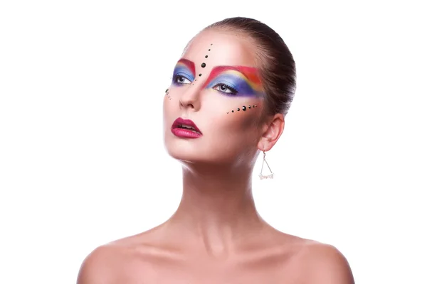 Beleza menina adulta com multicolor make up olhando para longe — Fotografia de Stock