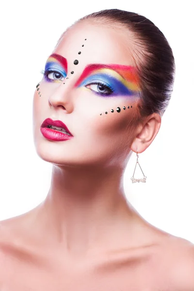 Voluptuous adult woman with multicolor make up isloated on white — Stock Photo, Image