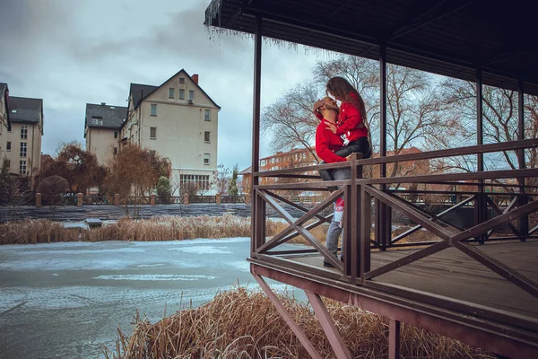 Sensual Couple Love Hugs Balcony Winter Time Christmas Mood — Stock Photo, Image