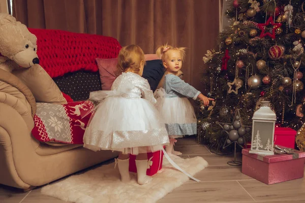 Два Маленьких Ребенка Платьях Рождественской Елкой Сзади Дома — стоковое фото