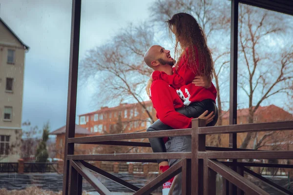 Portrait Beautiful Couple Hugs Balcony Winter Time Christmas Mood — Stock Photo, Image