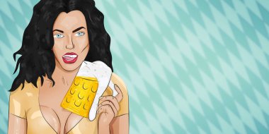 hand drawing of sexy woman holds mug with beer. concept of octoberfest party