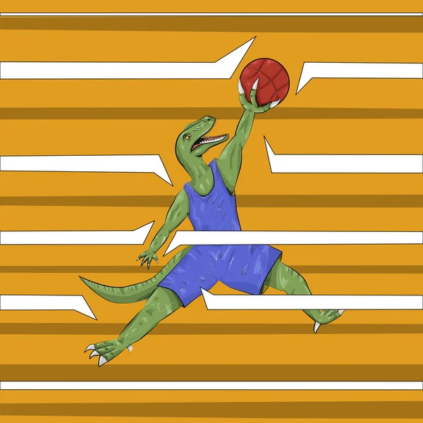 Illustration Green Dinosaur Raptor Plays Basketball Uniform — Stockfoto