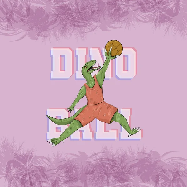 Illustration Green Dinosaur Raptor Plays Basketball Uniform Pink Background Abstract — 스톡 사진