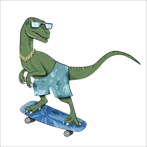 Illustration Green Velociraptor Dino Rides Skateboard Isolated White Background — 스톡 사진