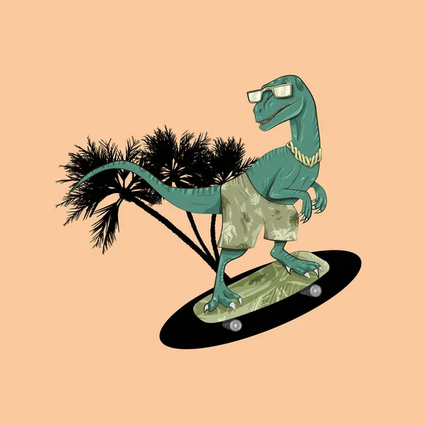 Illustration Green Velociraptor Dino Rides Skateboard Orange Background Palm Trees — 스톡 사진