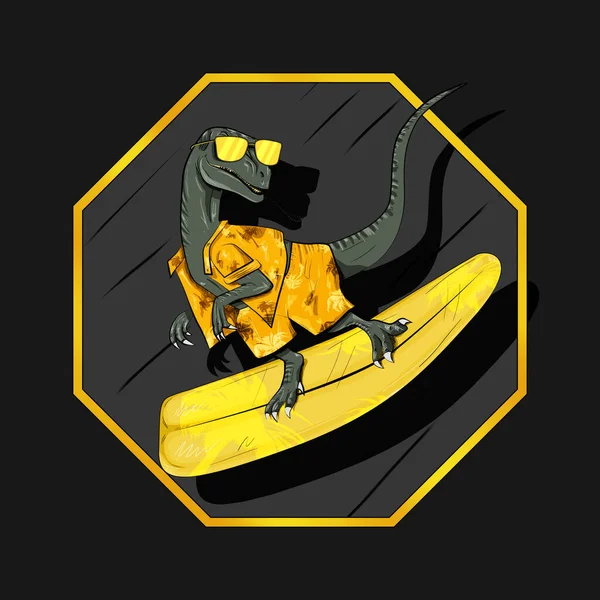 Illustration Dinosaur Surfer Gold Shirt Shorts Octagon Black Background — 스톡 사진
