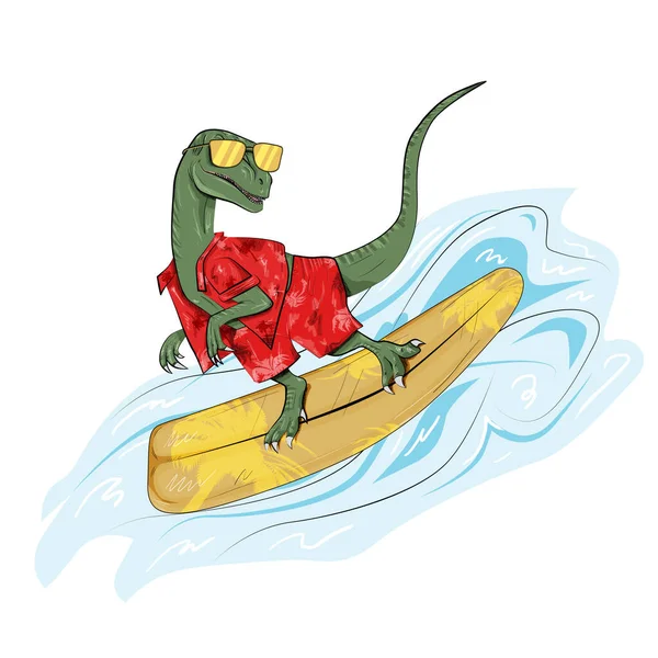 illustration of funny dinosaur surfer in red shirt and shorts on the wave isolated on white background