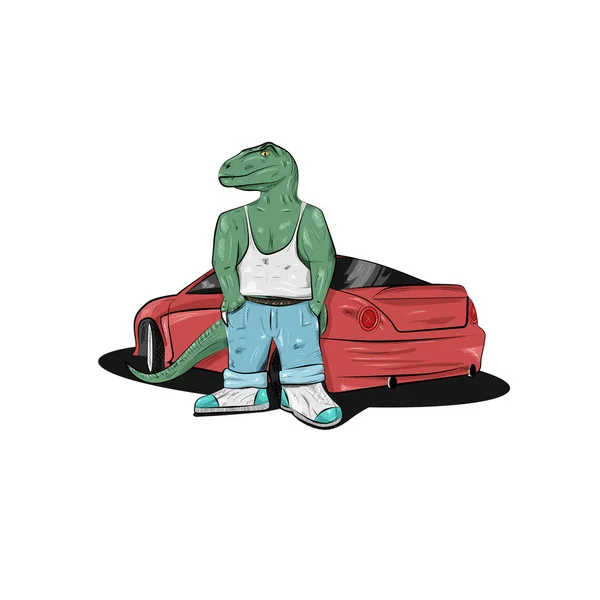 green dinosaur velociraptor stands at the red sport car in casual clothes isolated on white background