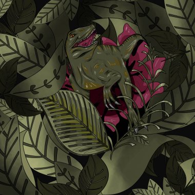 Kare illüstrasyon yeşil kızgın dinozor velociraptor arkasında kırmızı çiçek ve yeşil yapraklar