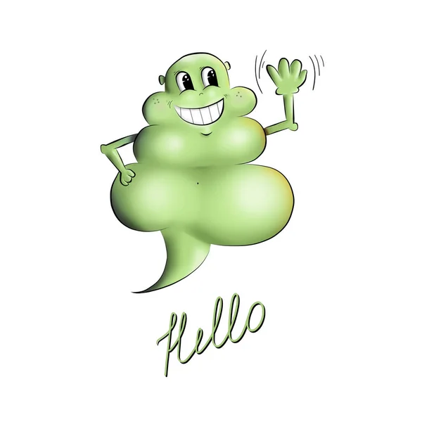 illustration of funny green ghost smiles and shaking his hand with hello text isolated on white background