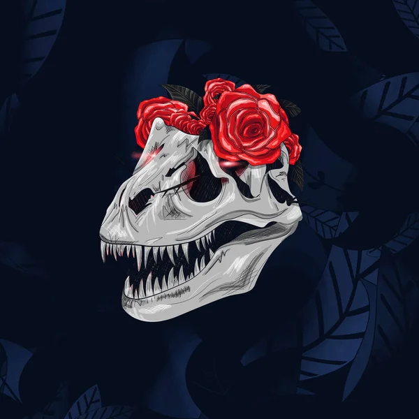 Prehistoric carnivorous dinosaur skull with red flowers on the top and blue background with leaves