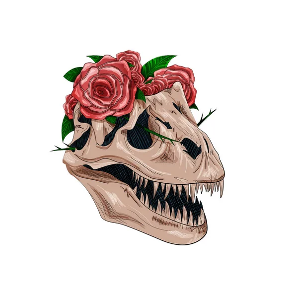 Carnivorous dinosaur skull with red flowers on the top isolated on white background