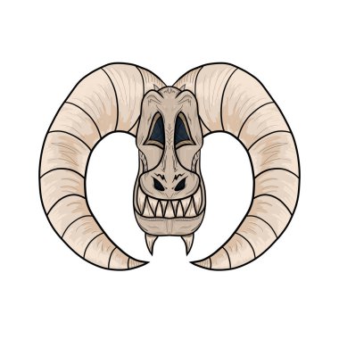 Boynuzları ve beyaz arka planda izole edilmiş dişleri olan canavar kafatası tasarımı