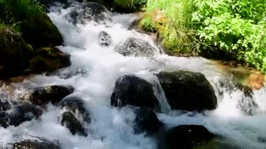 Bir dağ deresinin suları hızla büyük kaya ve kayalarla dolu bir nehir yatağının içinden akar ve yeşilliklerle çevrilidir..