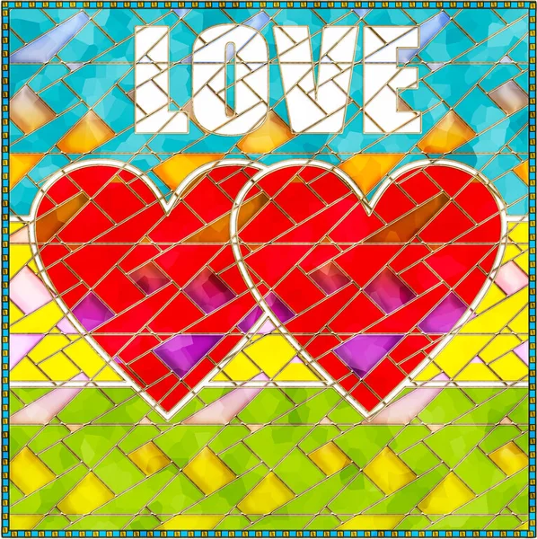 Illustration Stained Glass Style Background Two Hearts Together Love Inscription — стоковое фото