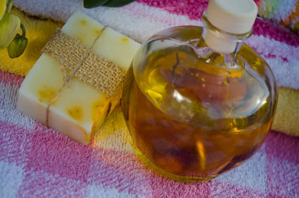 Massage oil with nature home made soap — Stock Photo, Image