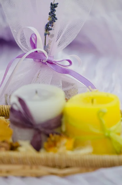 Lavander soap, spa set with candles — Stock Photo, Image