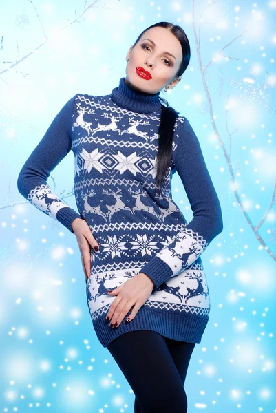 Attractive woman wearing knitted dress — Stock Photo, Image