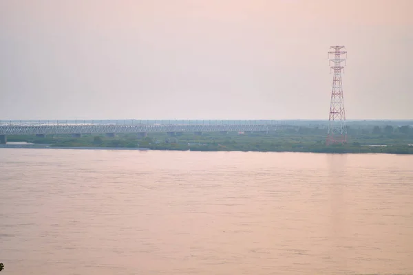 Zachód Słońca Nabrzeże Rzeki Amur Chabarowsk Rosja — Zdjęcie stockowe