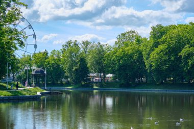 Kaliningrad, Rusya - 31 Mayıs 2021: Yazın Kaliningrad kentindeki göletin gündüz görüntüsü