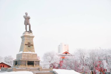 Doğu Sibirya Genel Valisi Nikolai Nikolaevich Muravyov-Amursky 'nin Anıtı. Khabarovsk' ta sabah gün doğumunda. Karların içinde ağaçlar var.