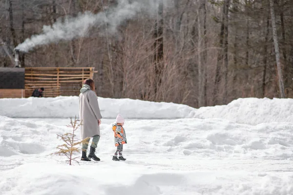 Anne ve küçük kızı kış boyunca yürüyorlar.. — Stok fotoğraf